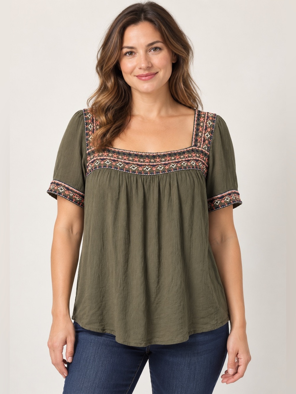 St. John’s Bay Large Olive Green Embroidered Boho Peasant Blouse